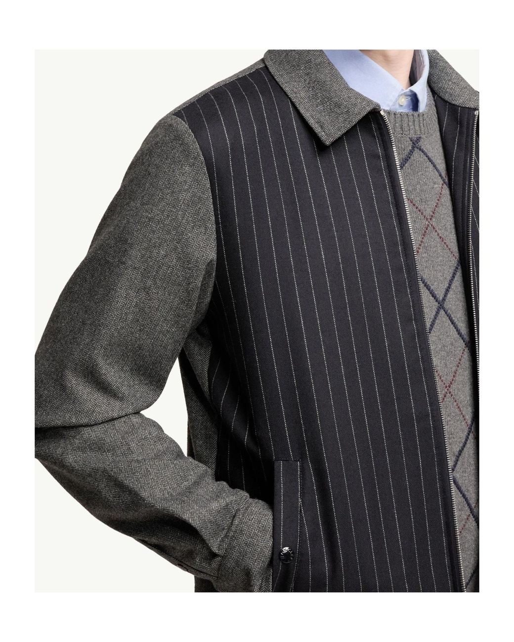 Moncler Gray Herringbone Wool Blend Zip-Up Shirt for men