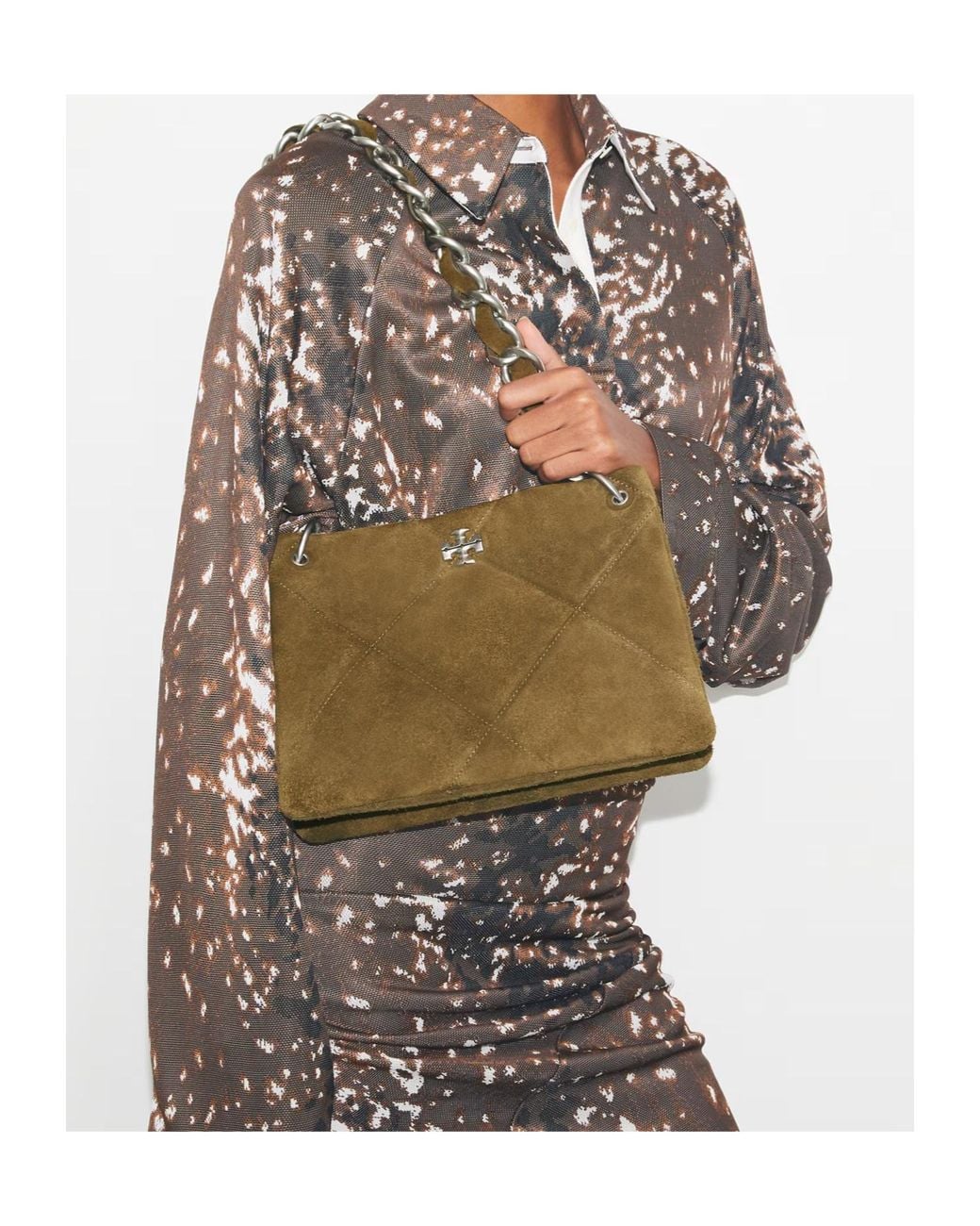 Tory Burch Green Small Kira Quilted Suede Shoulder Bag