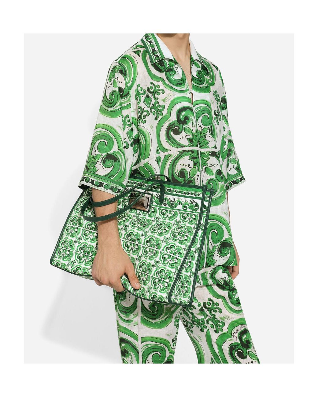 Dolce & Gabbana Green Majolica Printed Large Shopper Bag for men