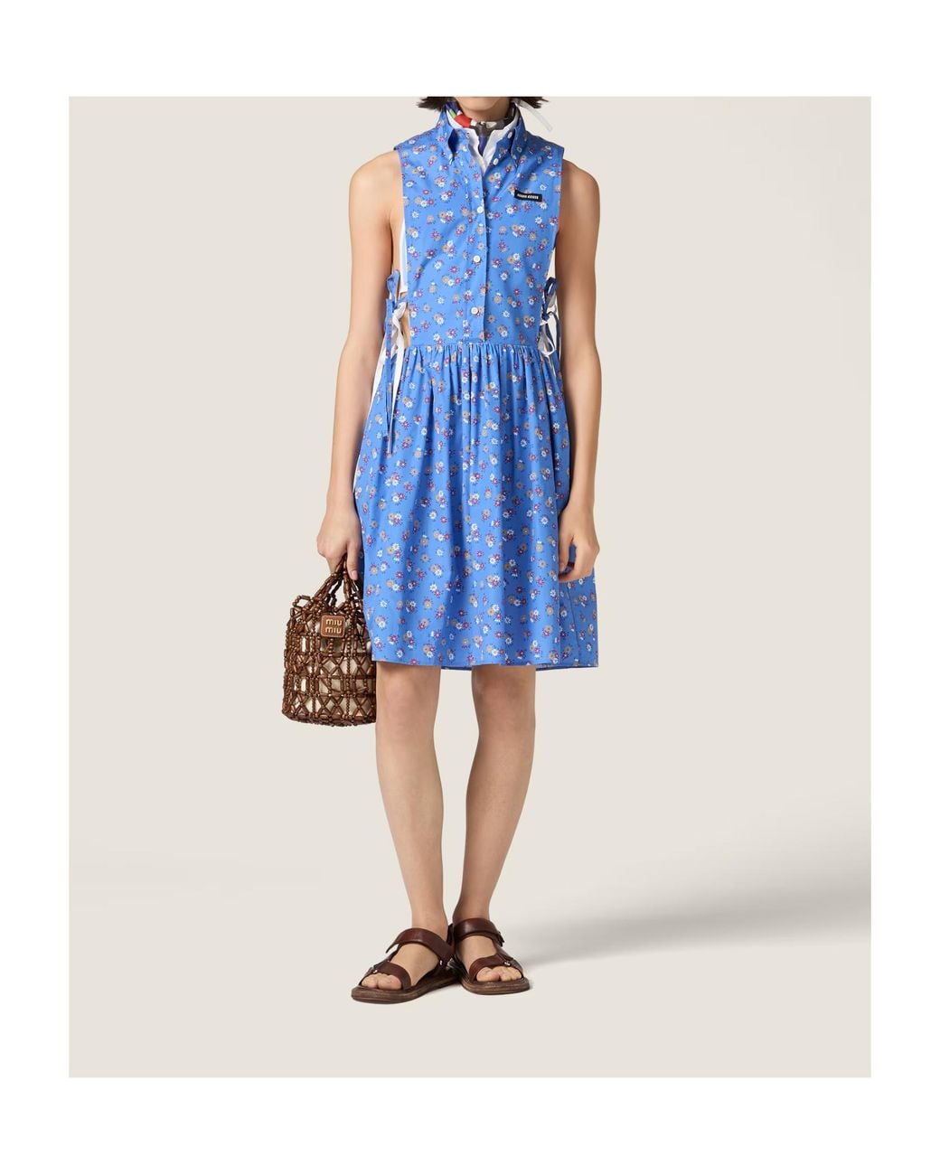 Miu Miu Blue Cotton Poplin Floral Mini Dress