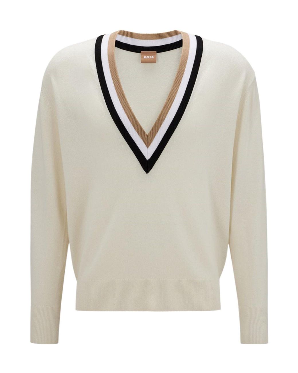 Boss White Color-Block Striped V-Neck Knit Sweater