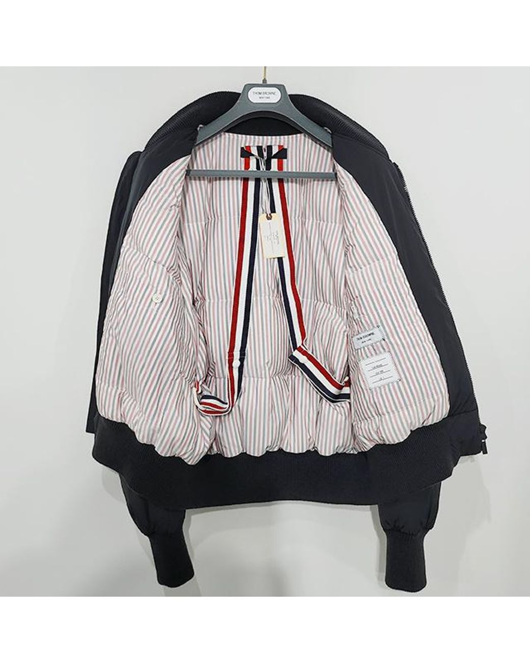 Thom Browne Black Bar Stripe Zipped Bomber Jacket for men