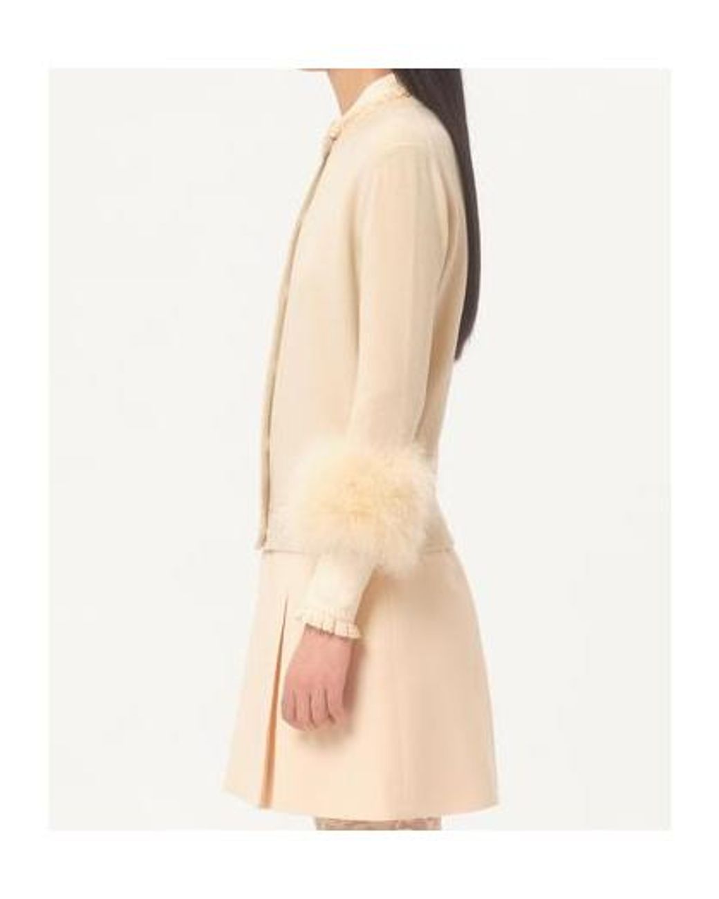 Valentino Natural Feather-Cuff Button-Up Cardigan