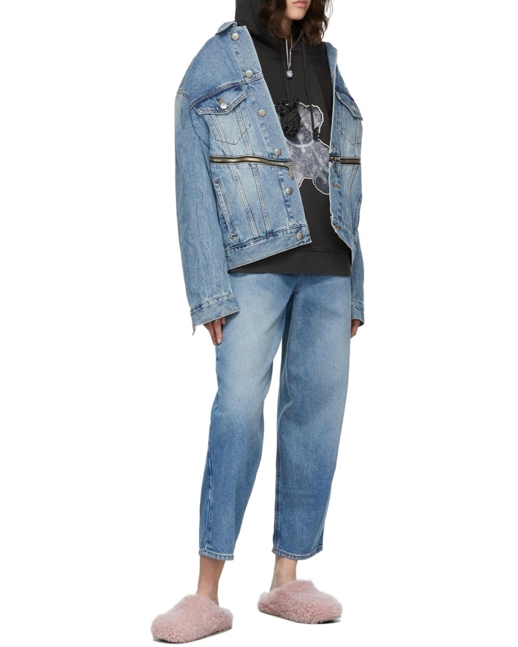we11done Blue Logo-Print Zip-Detail Denim Jacket for men