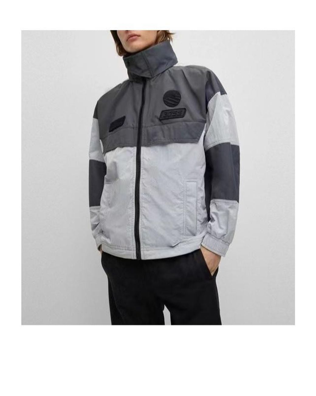 Boss Black Logo-Patch Colour-Block Hooded Jacket for men