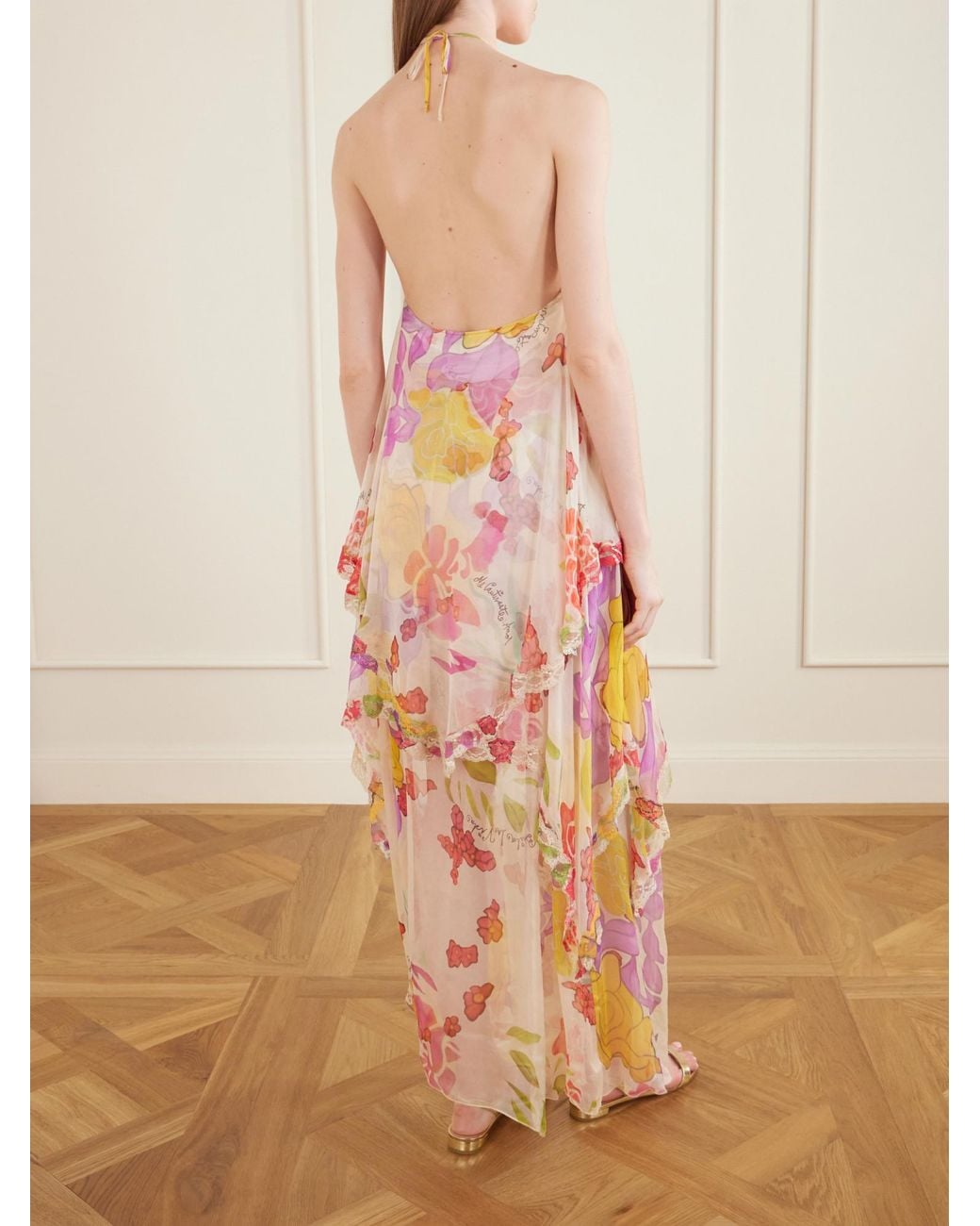 Donde Esteban Pink Asymmetrical Maxi Dress With Ruffle Trim