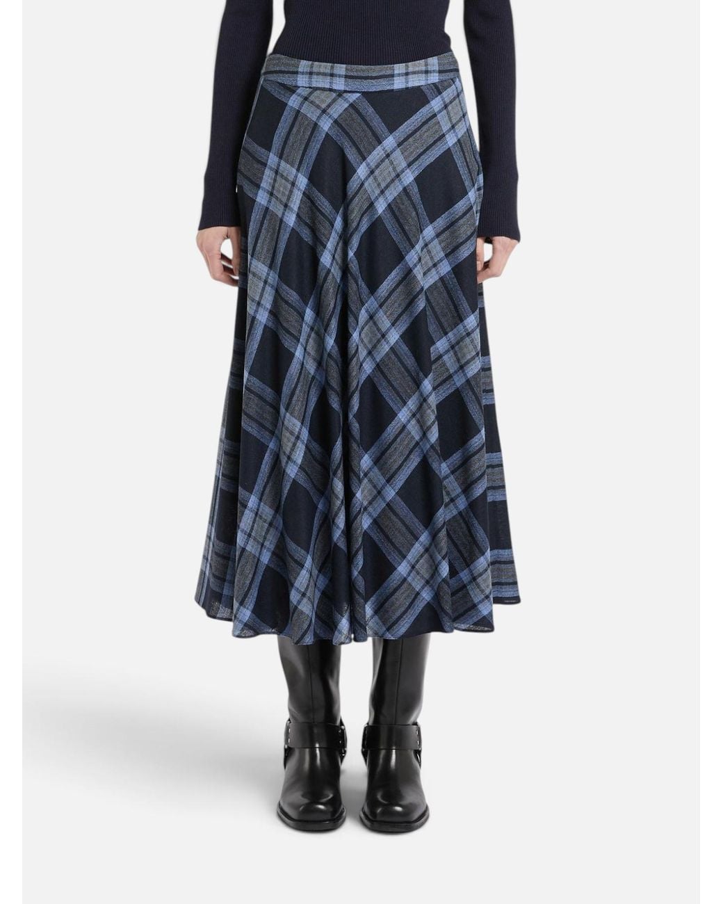 Marella Blue Plaid Flared Midi Skirt