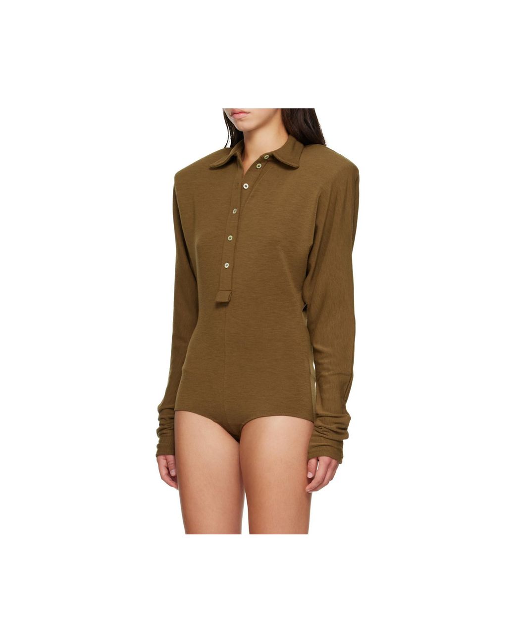 Mugler Brown Bat-Sleeve Polo Bodysuit