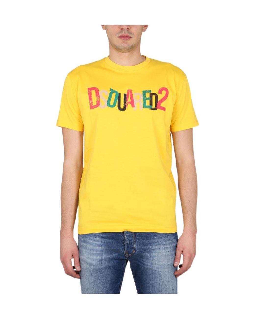 DSquared² Yellow Logo Printed Crewneck T-Shirt for men