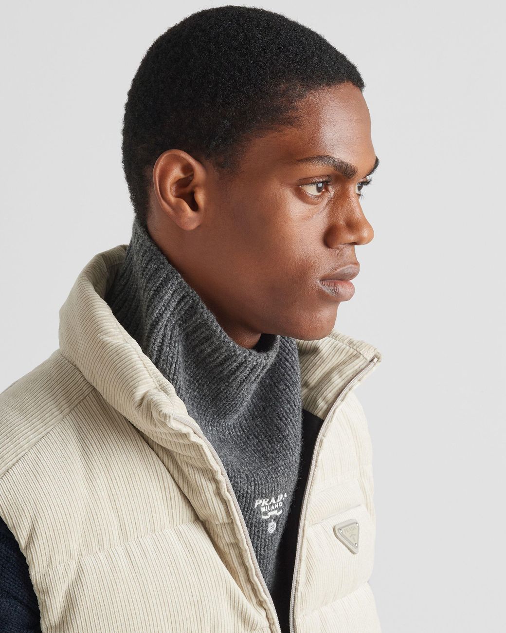 Prada Gray Logo-Embroidered Knitted Neck Warmer for men