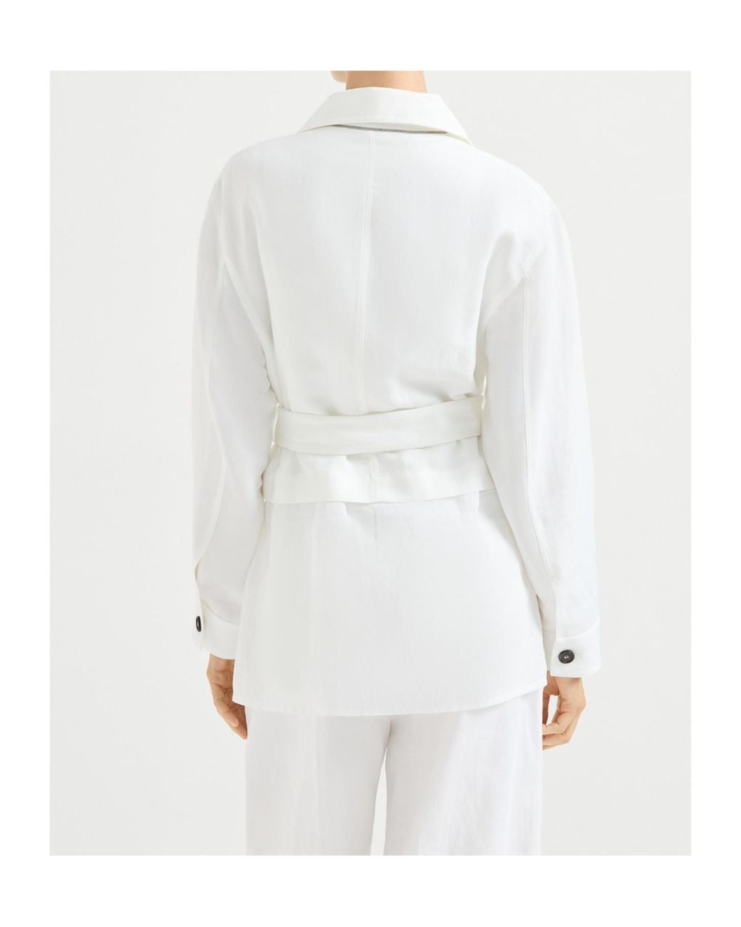 Brunello Cucinelli White Viscose And Linen Fluid Twill Safari Jacket With Monili
