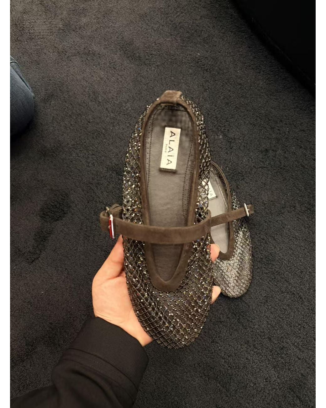 Alaïa Brown Alaïa Fishnet Embellished Ballet Flat Shoes