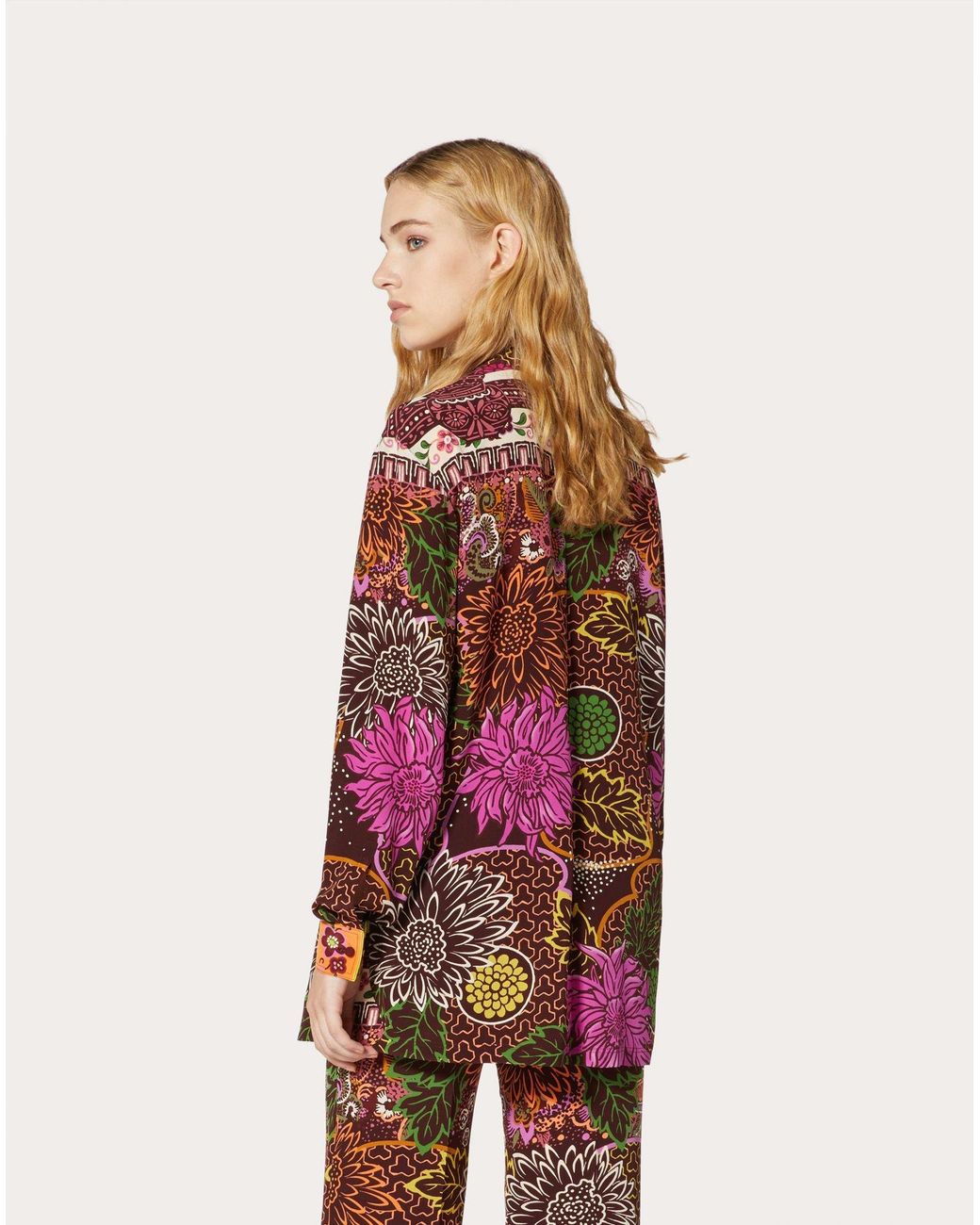 Valentino Red Floral Print Pussy Bow Blouse