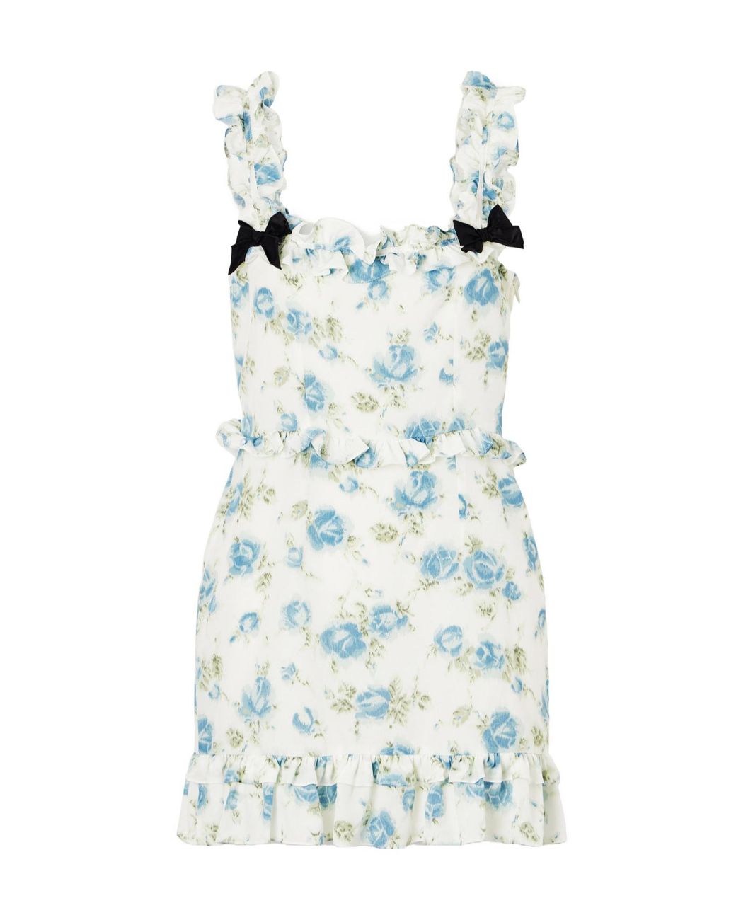 Alessandra Rich Blue Ruffled Floral-Print Silk Mini Dress