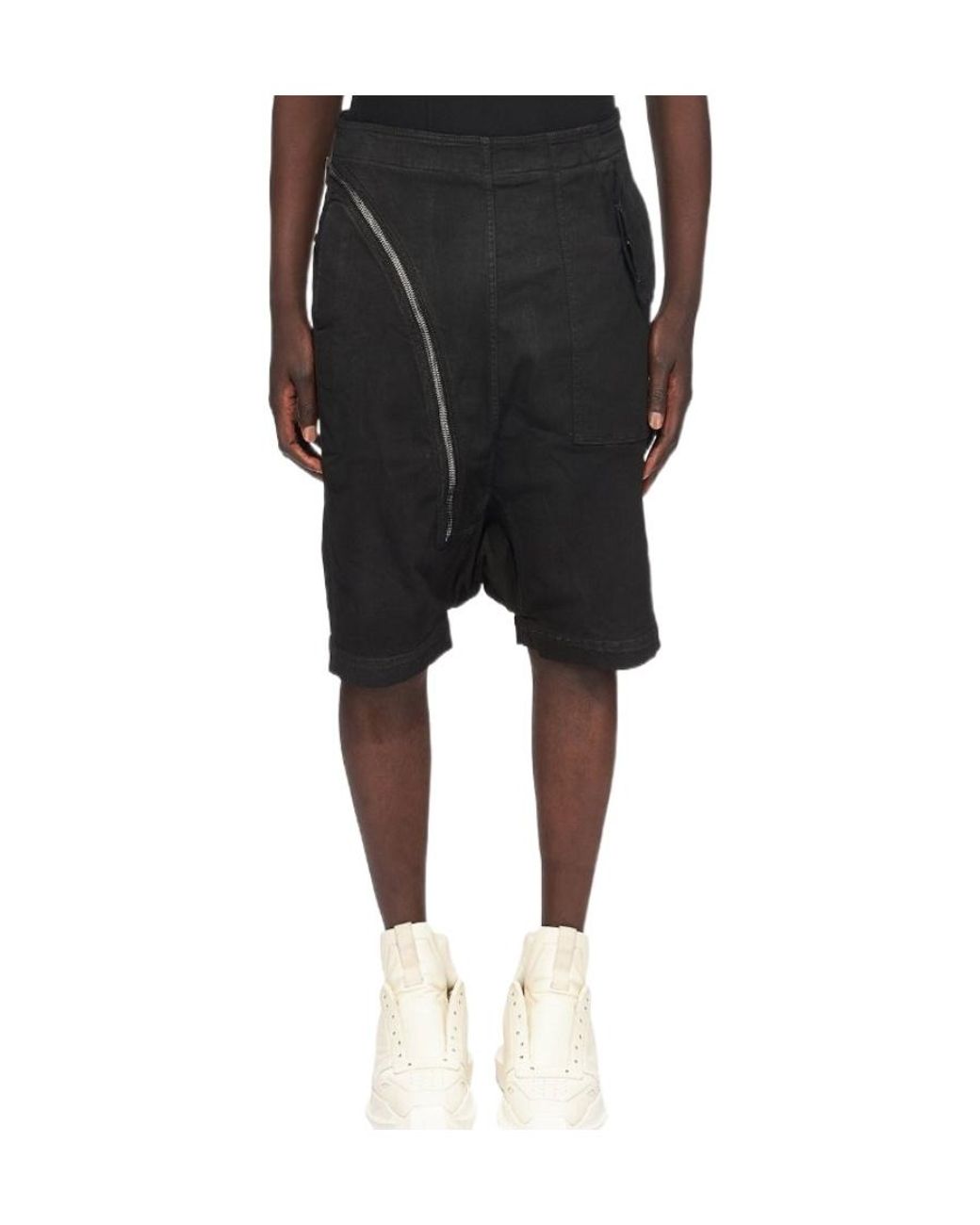 Rick Owens Black Old Made Diagonal Zipper Coated Denim Shorts for men
