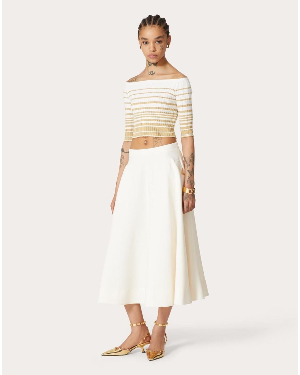 Valentino White Striped Off-Shoulder Cropped Top