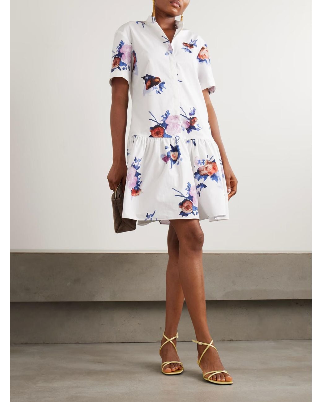 Erdem White Layered Print Mini Shirt Dress