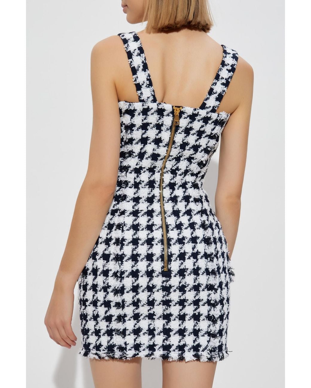 Balmain Blue Houndstooth Button Detailed Tweed Dress