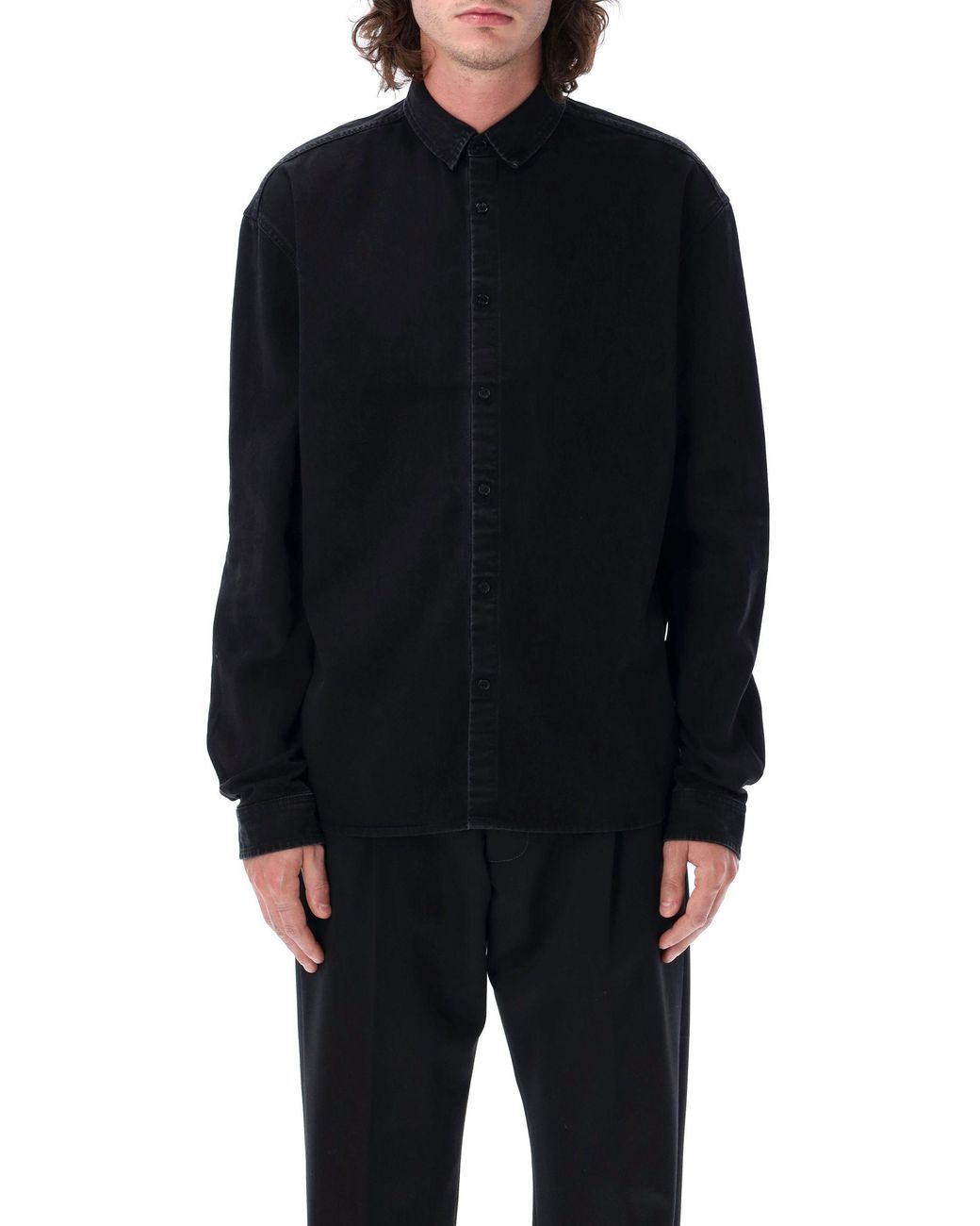 Saint Laurent Black Cassandre Relaxed-Fit Denim Shirt for men