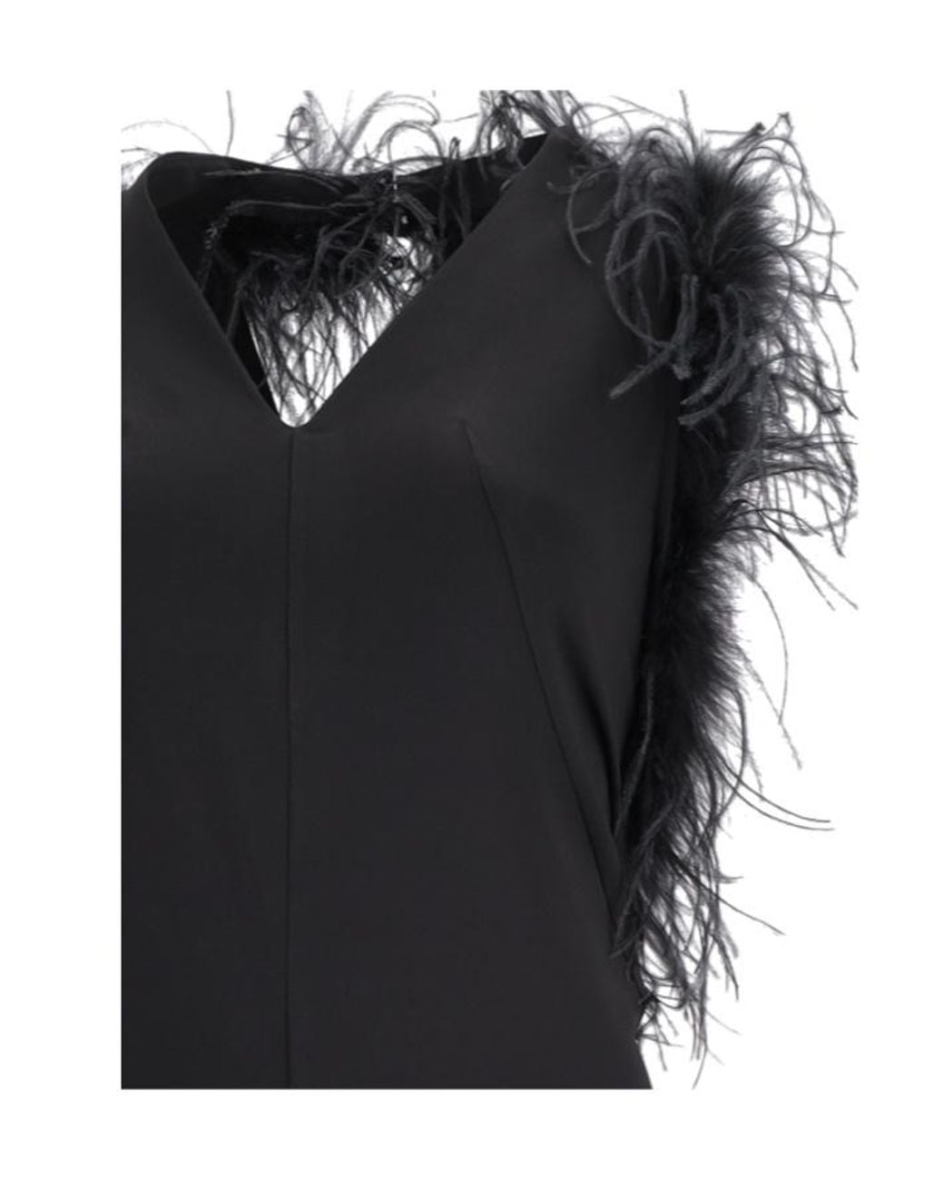 Blumarine Black Long Jersey Dress With Deep Neckline And Marabou Details
