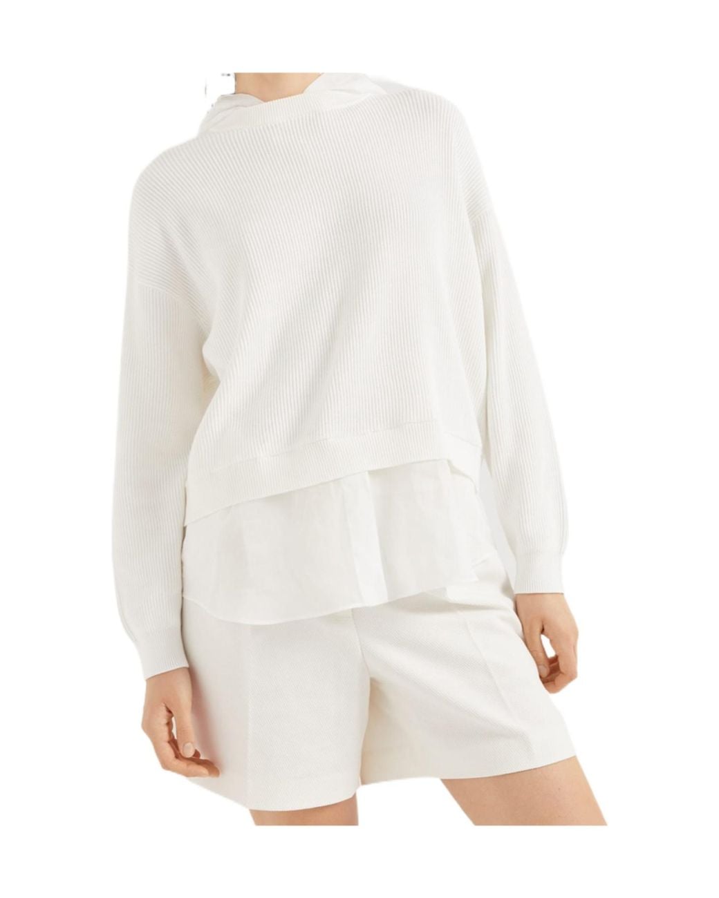 Brunello Cucinelli White Organza And English Rib Knit Faux-Layered Sweatshirt