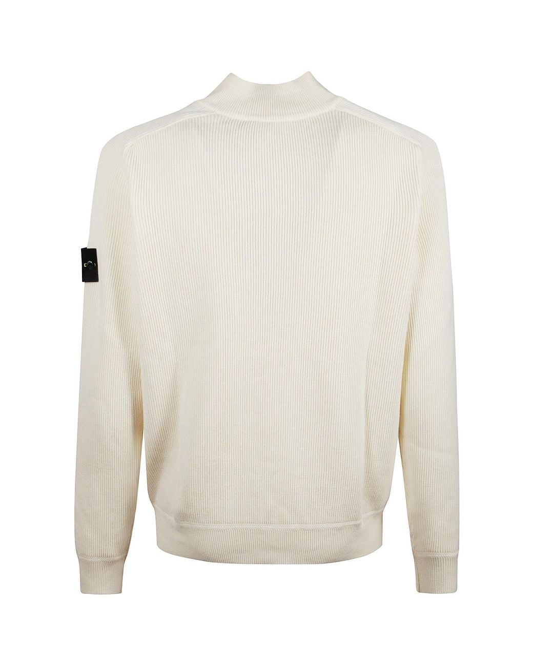 Stone Island White Ribbed Zip-Neck Knitted Sweater for men