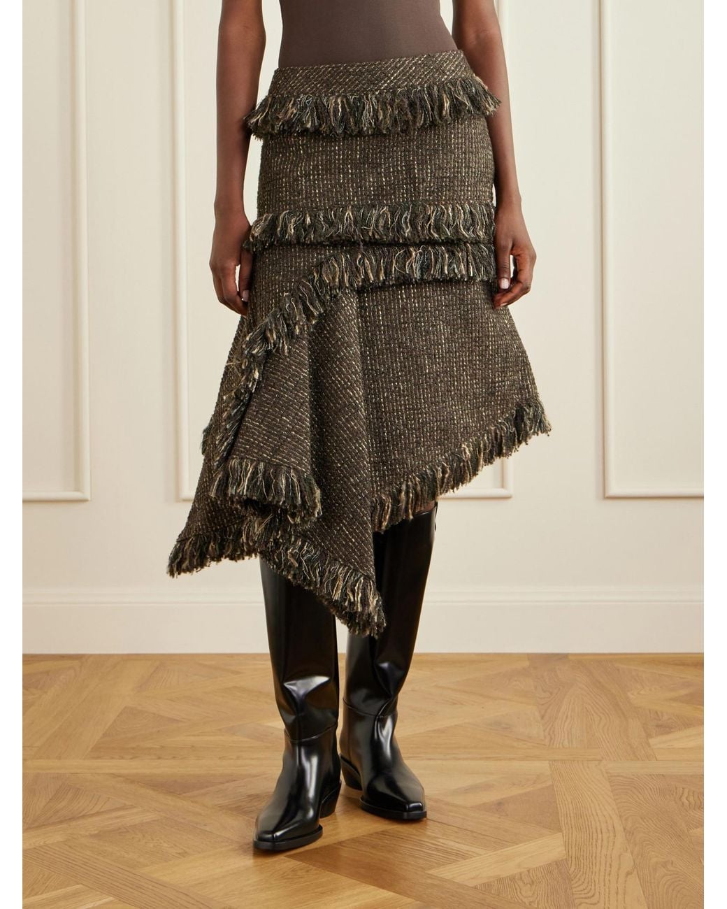 Sacai Brown Fringed Wool-Blend Tweed Midi Skirt
