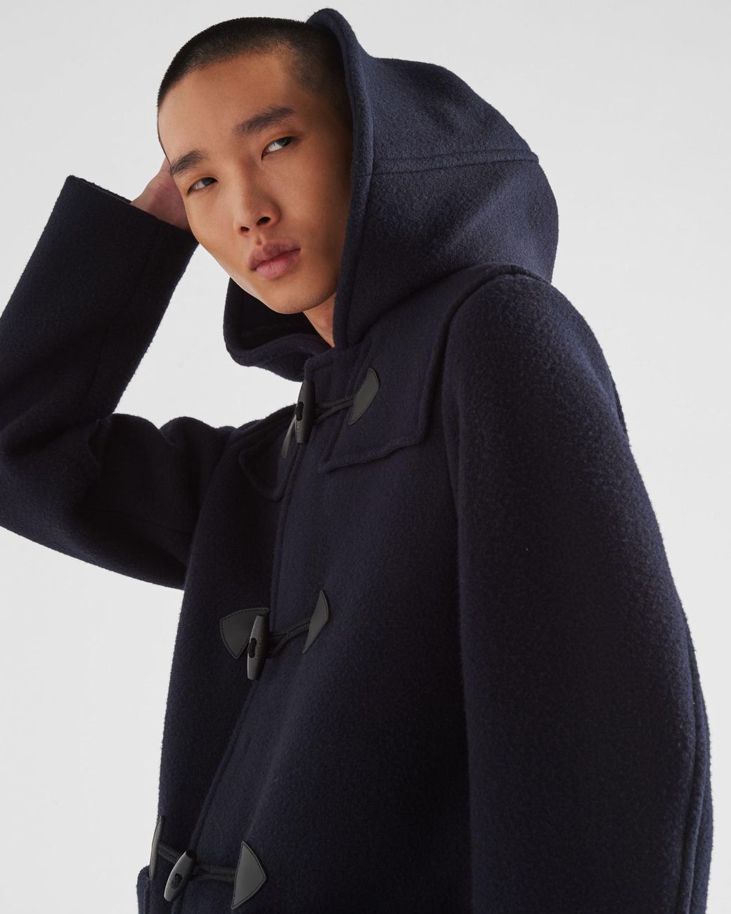 Prada Double-Breasted Hooded Duffle Coat in Blue for Men | Lyst