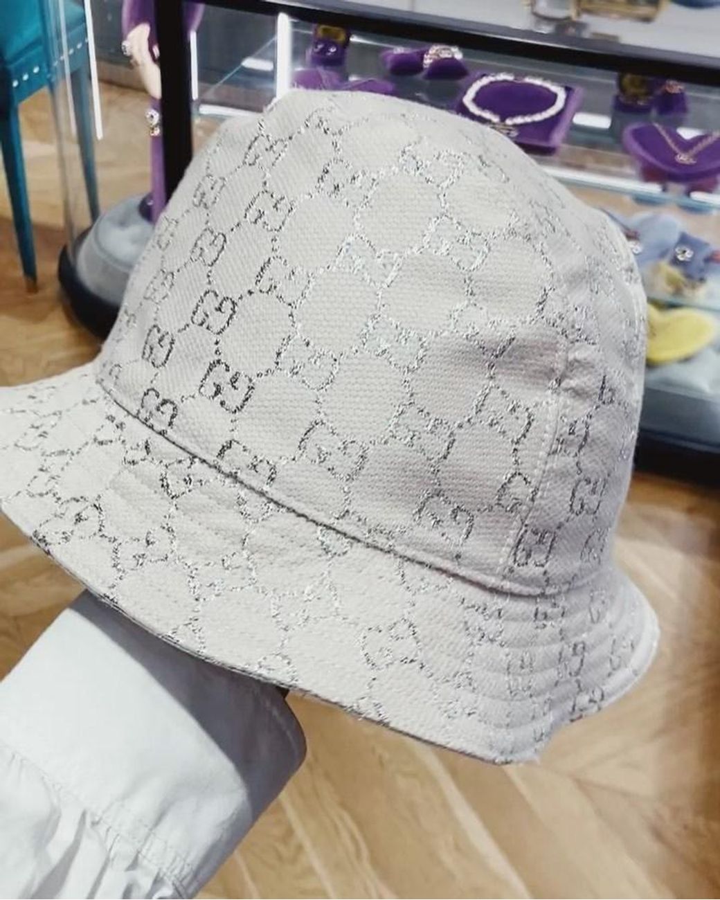 Gucci White Gg Lamé Bucket Hat