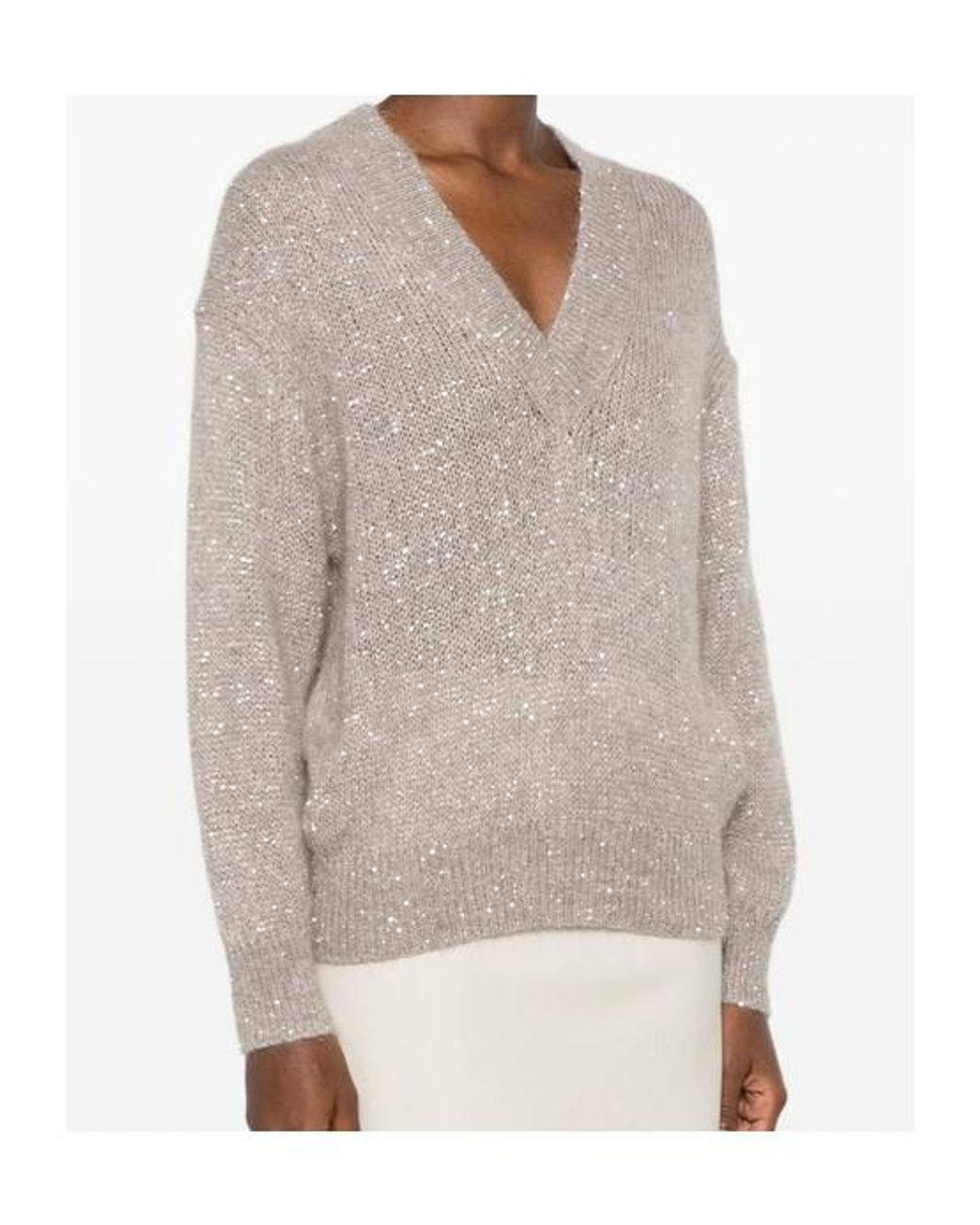 Brunello Cucinelli Natural Sequin-Embellished V-Neck Sweater