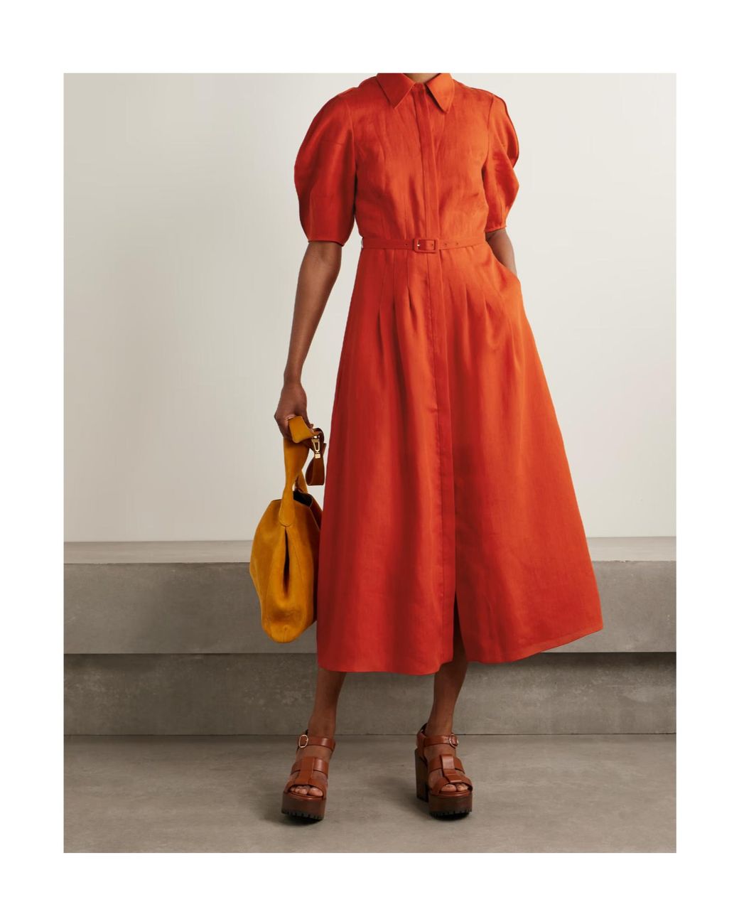 Gabriela Hearst Red Maude Belted Linen Midi Shirt Dress