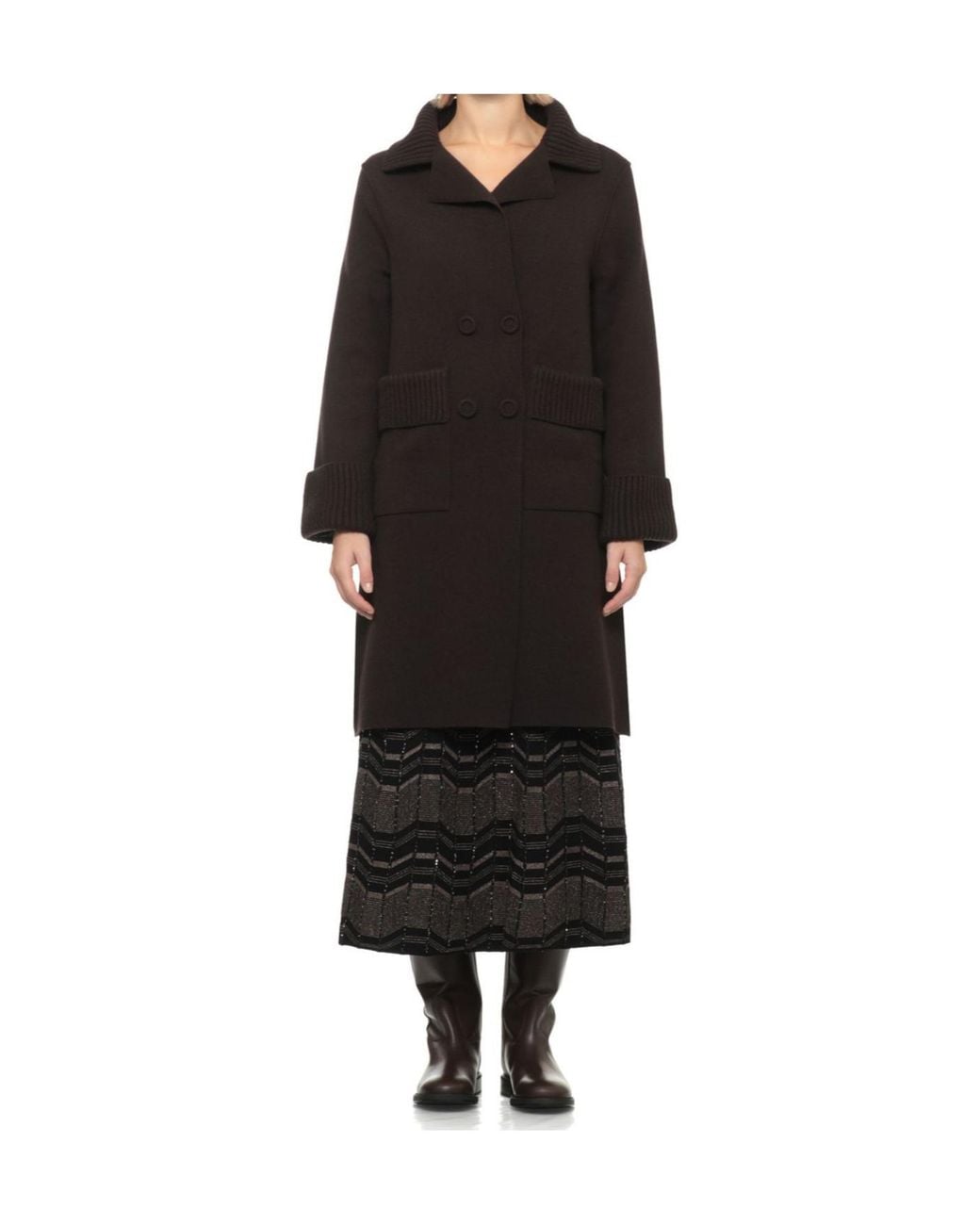 D.exterior Black Ribbed Trim Double-Breasted Coat