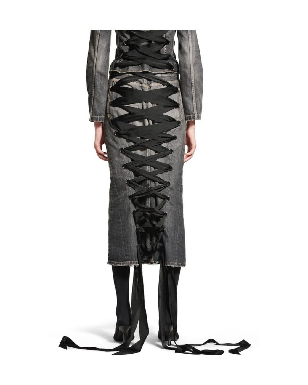 Balenciaga Gray Lace-Up Denim Skirt