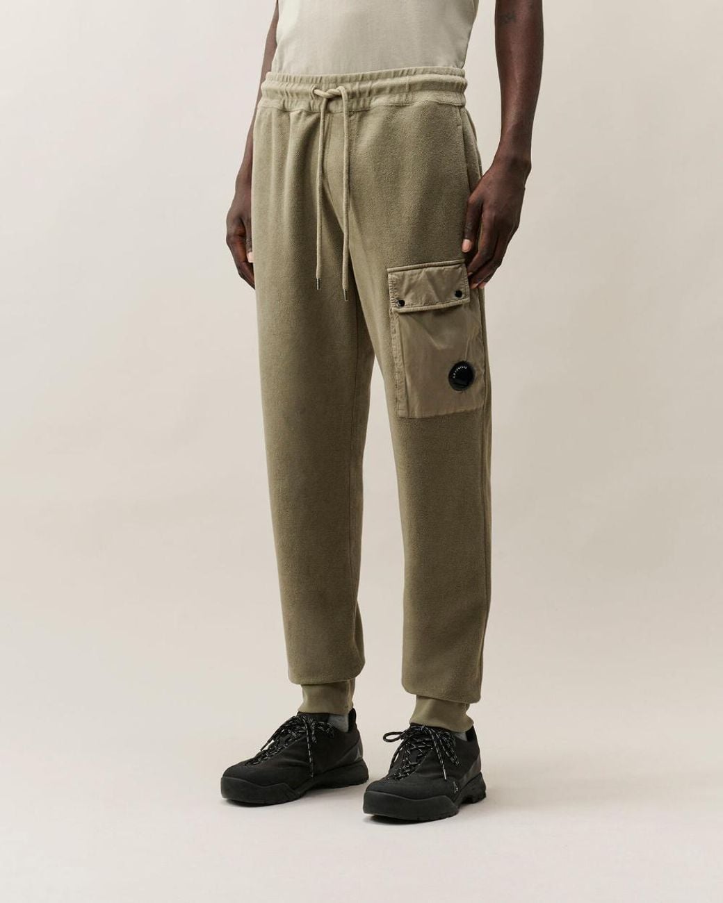 C P Company Green Brushed Emerized Diagonal Fleece Cargo Lens Sweatpants for men