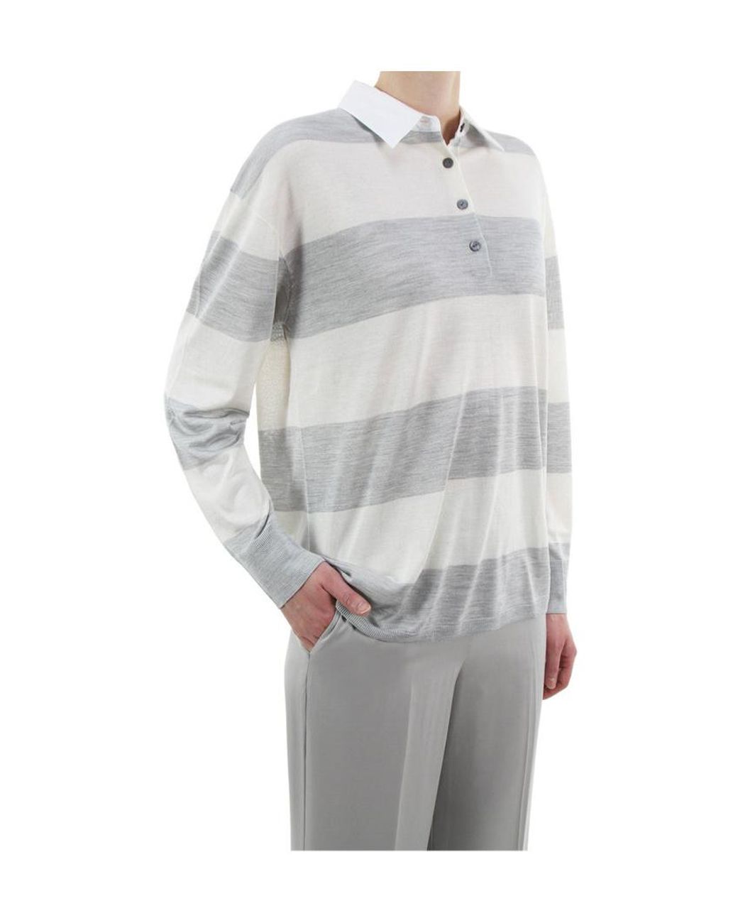 Theory White Long Sleeved Striped Polo Top