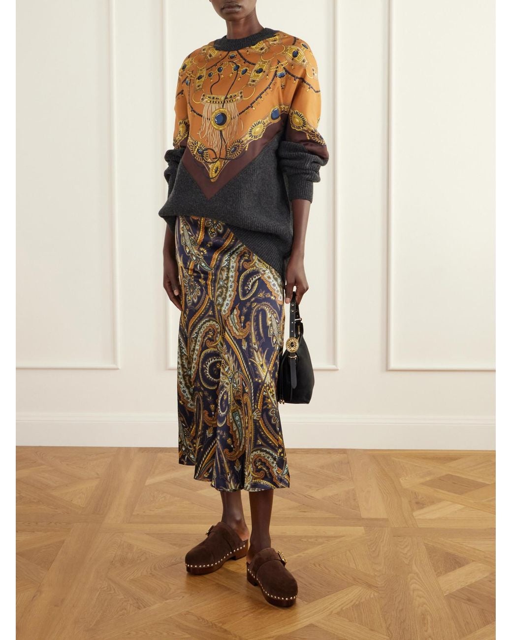 Etro Black Printed Silk-Trimmed Wool And Cashmere-Blend Sweater