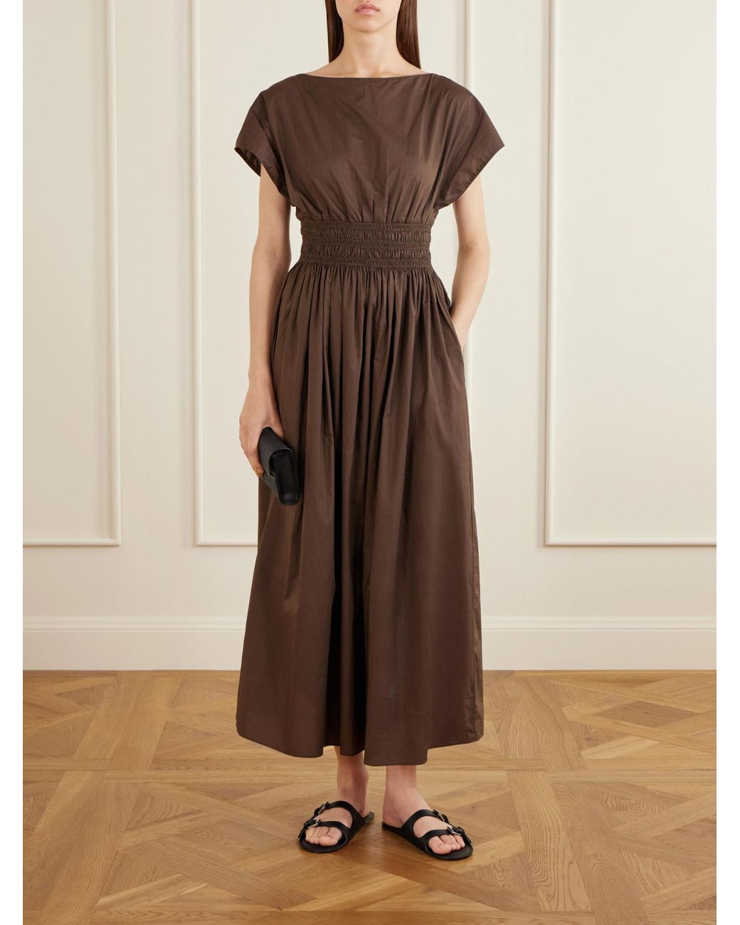 Matteau Brown Shirred Organic Cotton-Poplin Maxi Dress