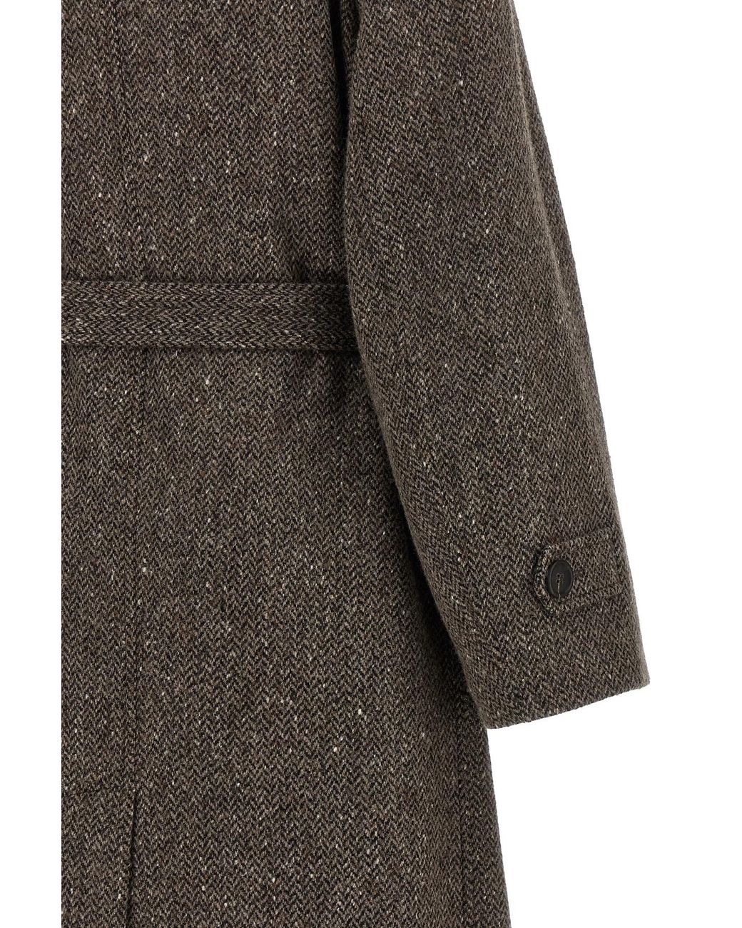 Brunello Cucinelli Gray Sparkling Chevron Belted Coat