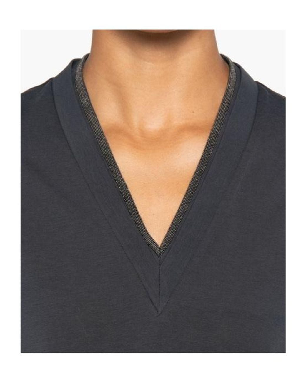 Brunello Cucinelli Blue Monili-Trim V-Neck T-Shirt