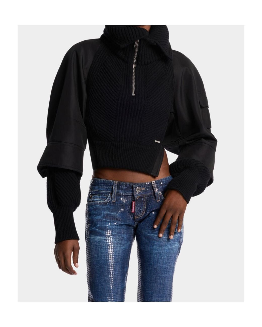 DSquared² Black Ribbed Zip-Up Cropped Jacket