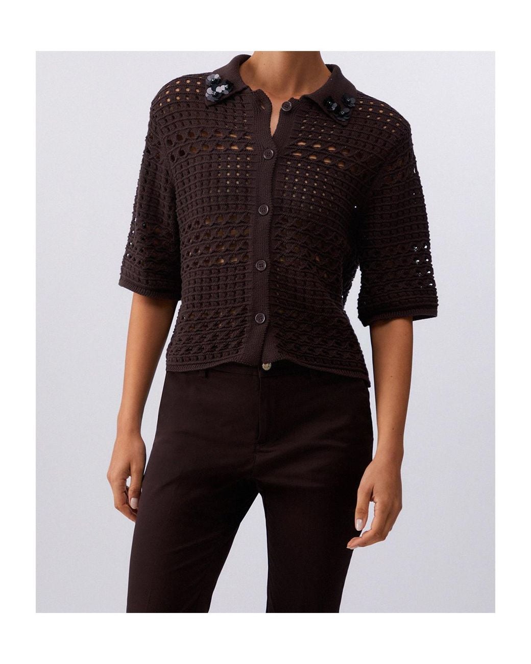 Liu Jo Brown Openwork Embellished Knitted Top