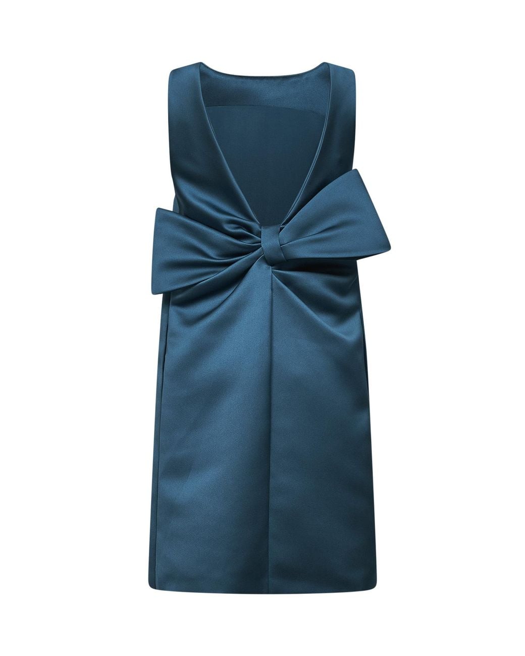 Max Mara Blue Studio Deep V-Neck Oversized Bow Satin Dress