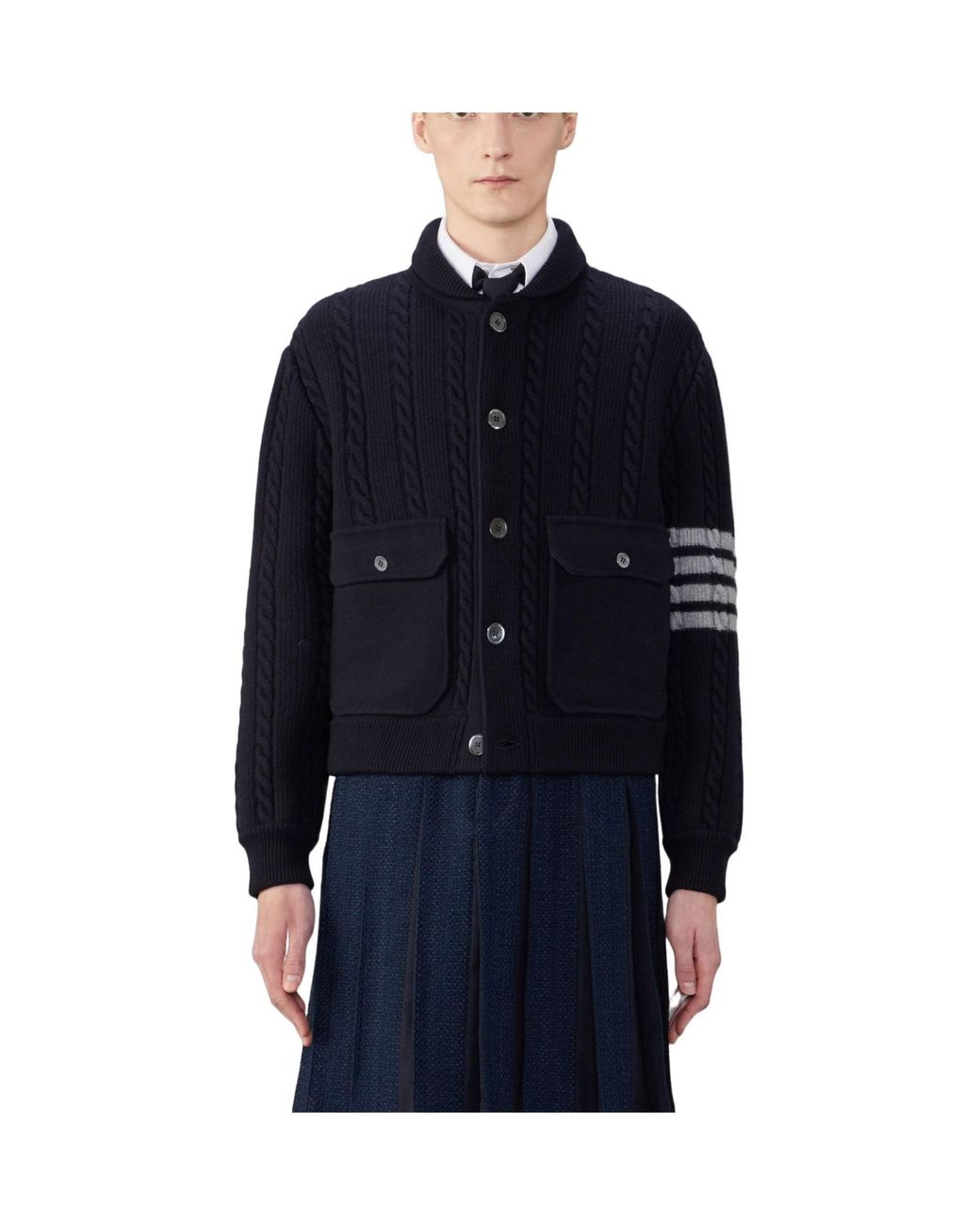 Thom Browne Blue Bar Stripe Cable-Knit Bomber Jacket for men