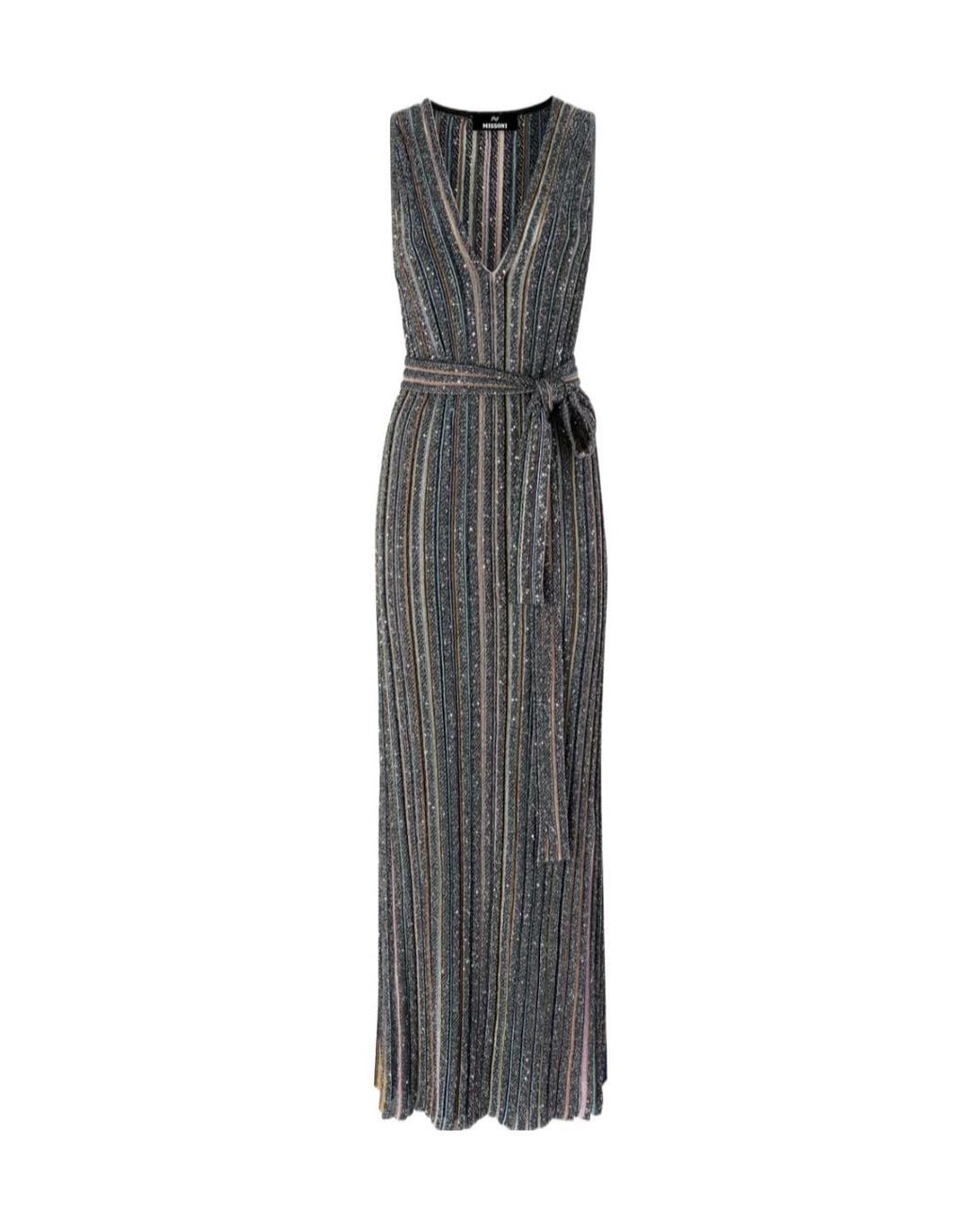 Missoni Gray Striped Belted Maxi Dress