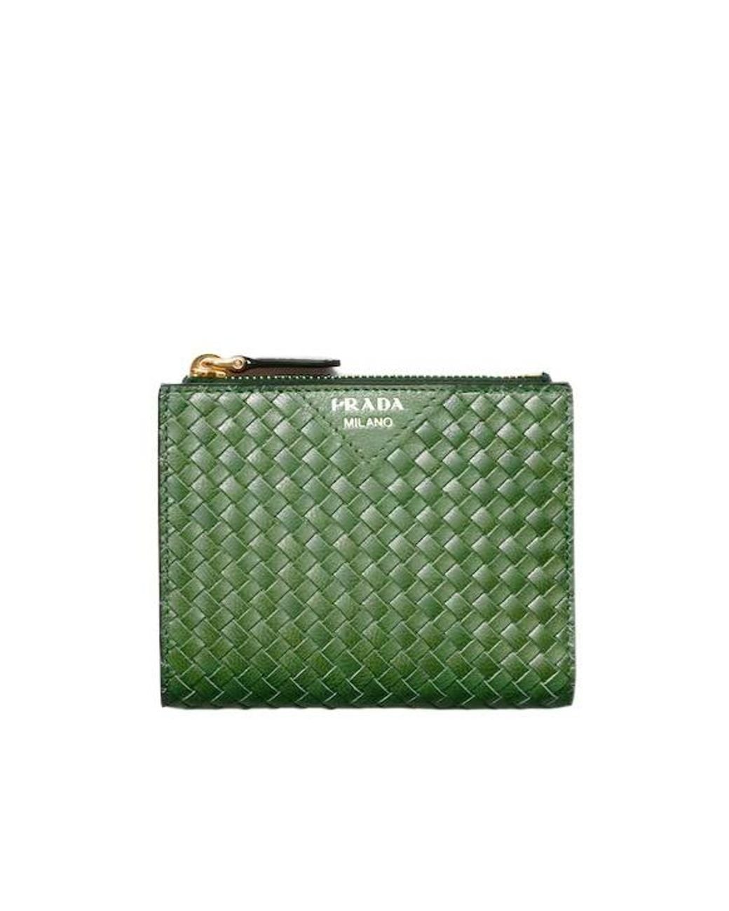 Prada Green Small Woven Madras Leather Wallet