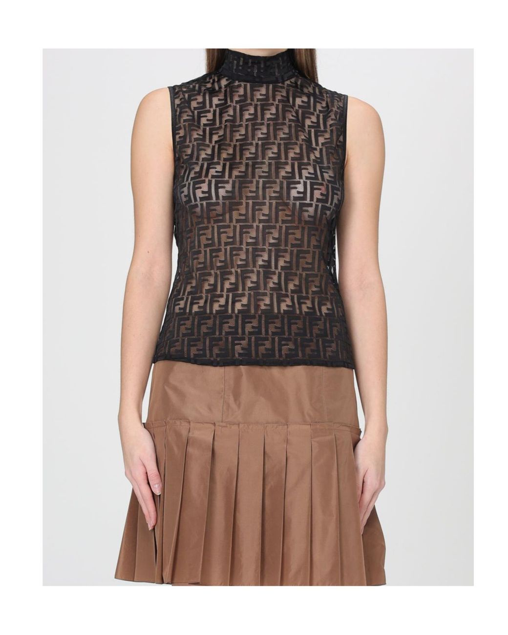 Fendi Black Fitted Sleeveless Top With High Neck
