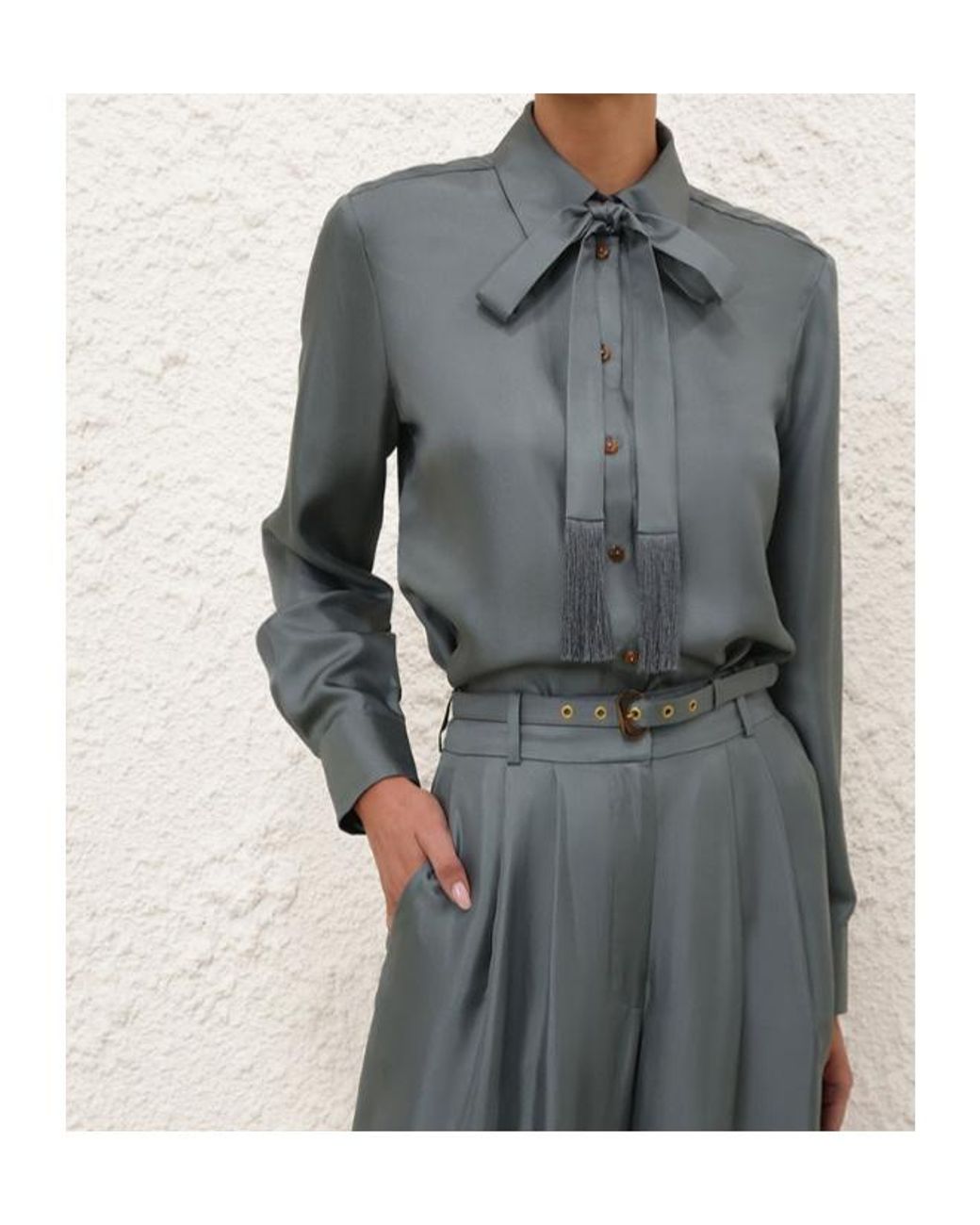Zimmermann Gray Pussy-Bow-Collar Shirt
