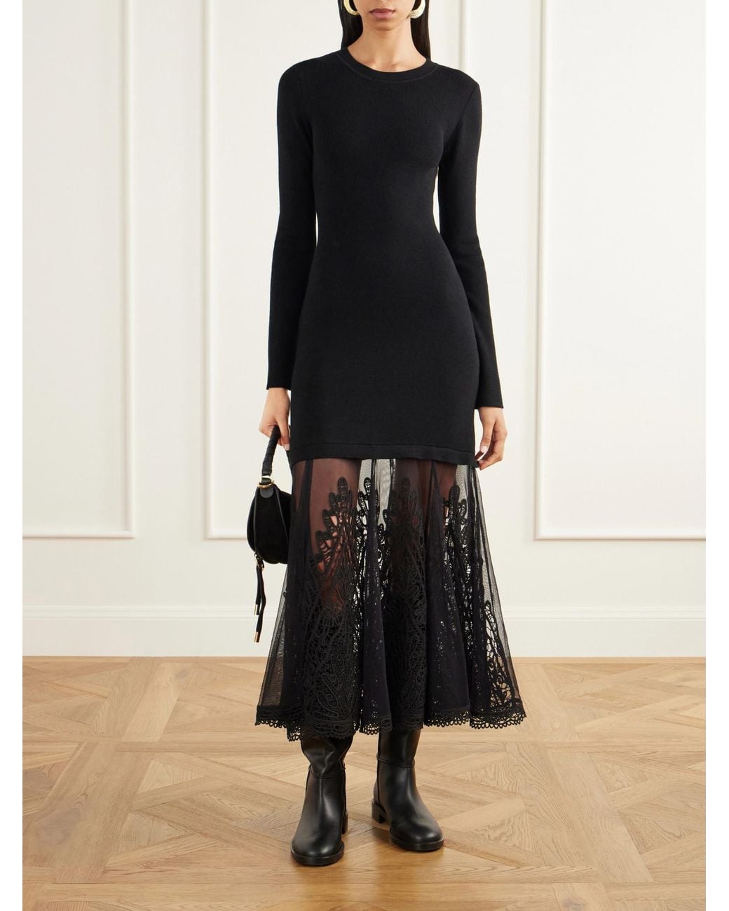 Sea Black Embroidered Tulle-Trimmed Wool Midi Dress