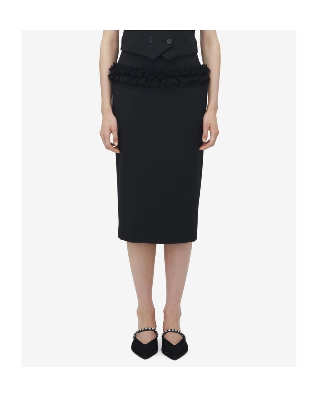 McQueen Black Wool Ruffle Midi Pencil Skirt
