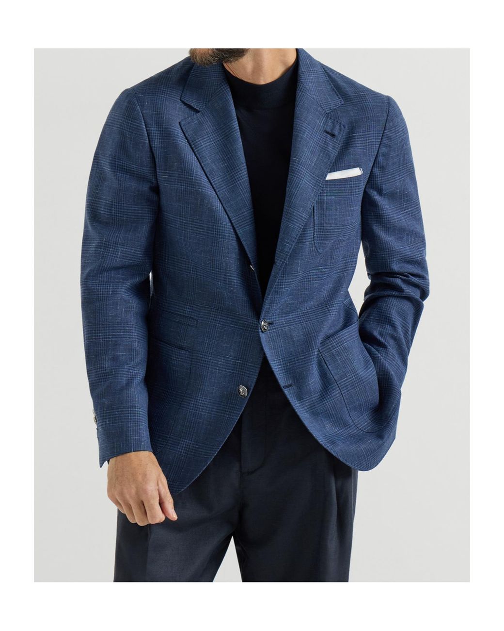 Brunello Cucinelli Blue Wool, Silk And Linen Prince Of Wales Deconstructed Blazer With Patch Pockets And Metal Buttons for men